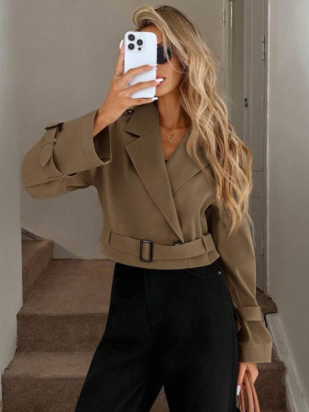 Cropped Belted Trench Coat in Taupe